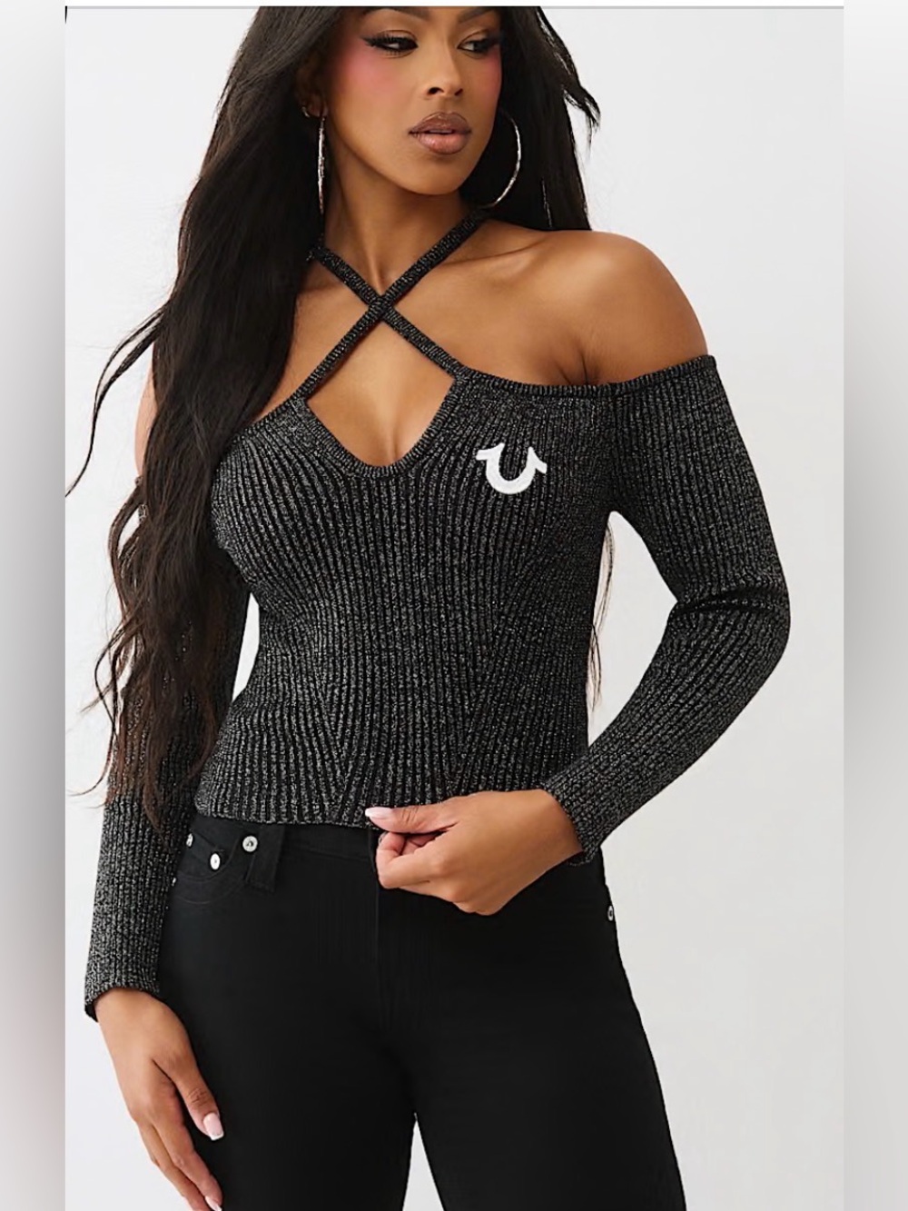 NWT True Religion Jet Black metallic silver Lurex Cross-Strap Ribbed Top. Sz M.
